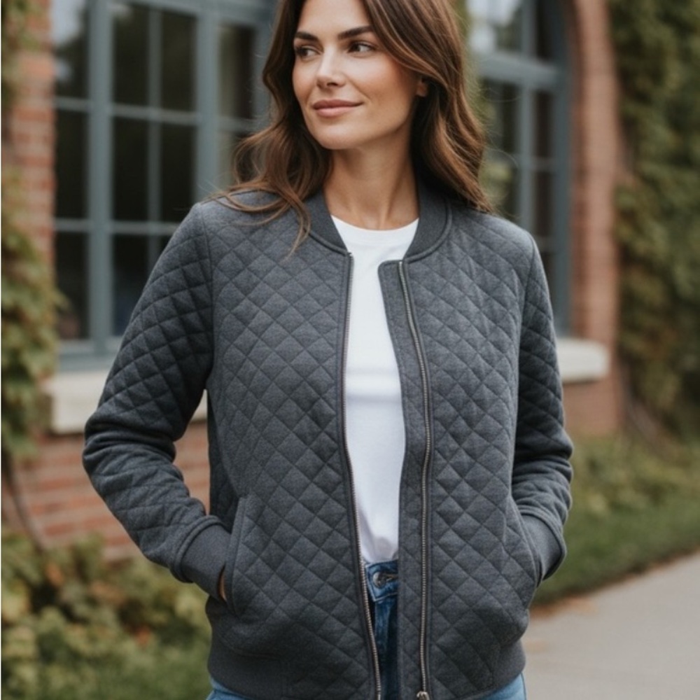 MARINE LAYER Corbet Quilted Bomber Jacket Charcoal Heather Medium Wash Wear